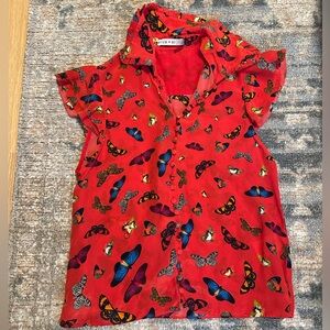 Alice + Olivia Red Butterfly 100% Silk Blouse